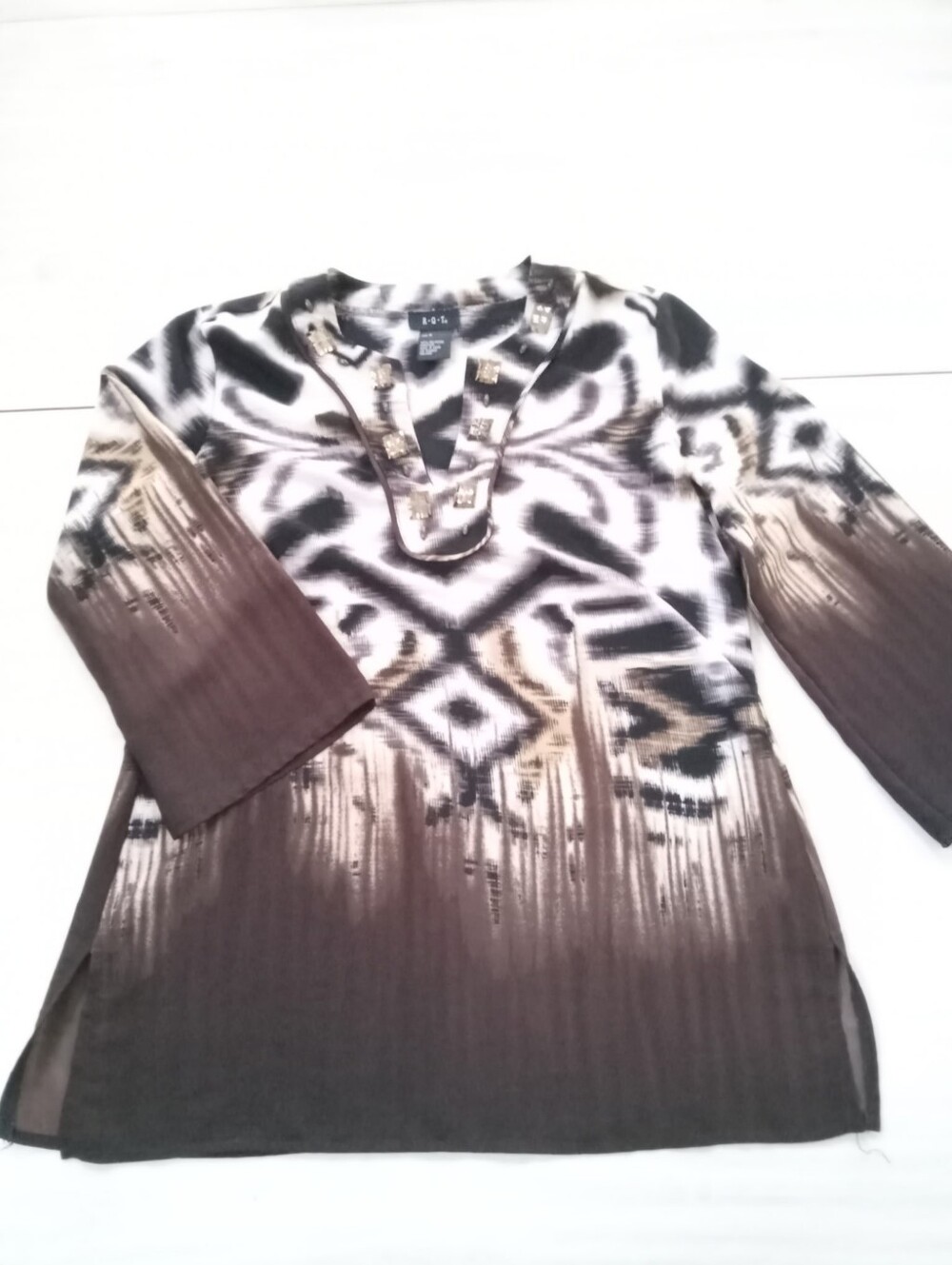 Animal Print Bohemian Western Pullover Blouse Tunic Beads On Front 3/4 Sleeves